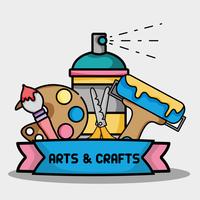 Arts and crafts supplies including paint brush, paint palette, spray paint can, scissors, and paint roller brush with blue and pink banner labeled arts & crafts